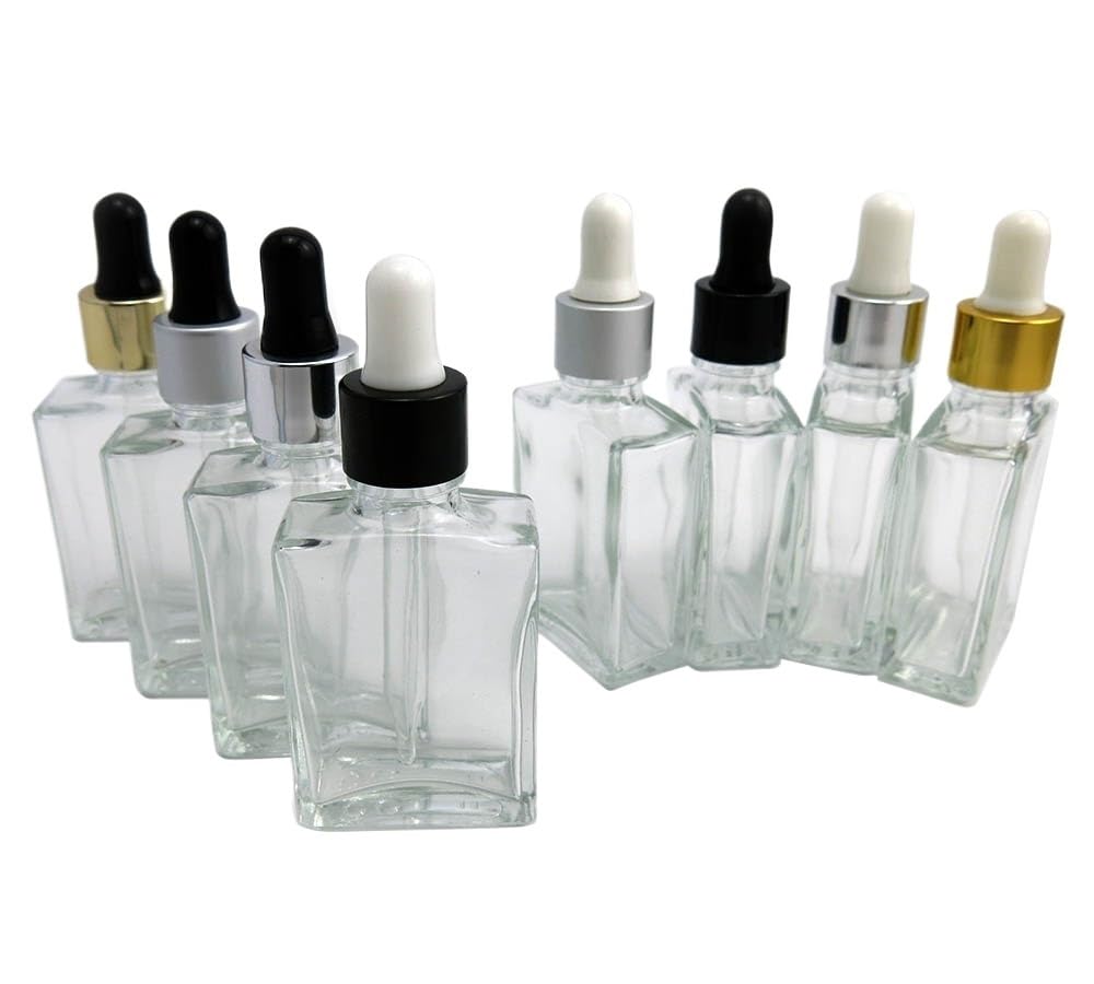 30 szt. 30 ml przezroczystych, kwadratowych szklanych butelek z zakraplaczem z nakrętkami. Puste pojemniki do dozowania cieczy(Shining Silver white)