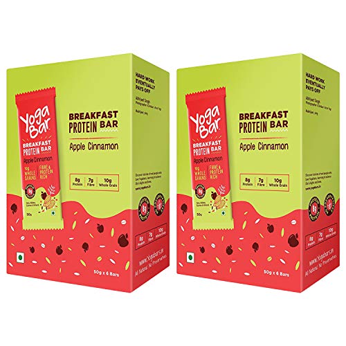 Image of Yogabar Breakfast Protein-Bar Apple Cinnamon - Pack of 12, Wholegrain Low Fat Snacks with Oats and Millets, High in Protein (8g) and Fibre, Gluten Free Granola Bar with Chia and Flax Seeds