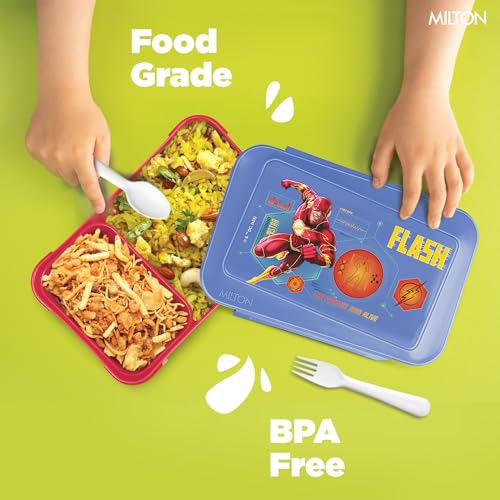 Image of MILTON Berry Tiffin Lunch Box for Kids Boys & Girls with Leak-Proof Inner Container| Food Grade,BPA Free,Compact & Durable Snacks Box for Kids I Plastic Spoon & Fork, 850 ml, Flash Print, Blue