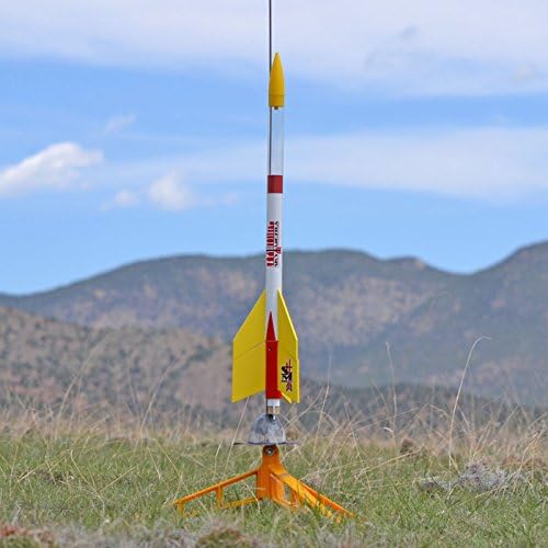 Apogee SkyMetra model rocket on a launch pad, ready for flight