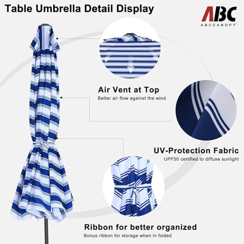 Image of ABCCANOPY 7.5ft Patio Umbrella, Outdoor Table Umbrella with Push Button Tilt and Crank for Patio Pool Garden Deck (Blue White)