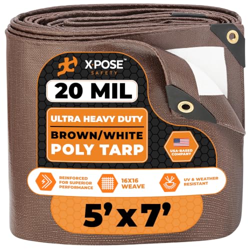 Xpose Safety 5' x 7' Ultra Heavy Duty Tarp - 20 Mil Waterproof Tarps for Camping, Outdoor Adventures & Tent Cover, UV Protection, Reinforced Corners, All-Weather Durability