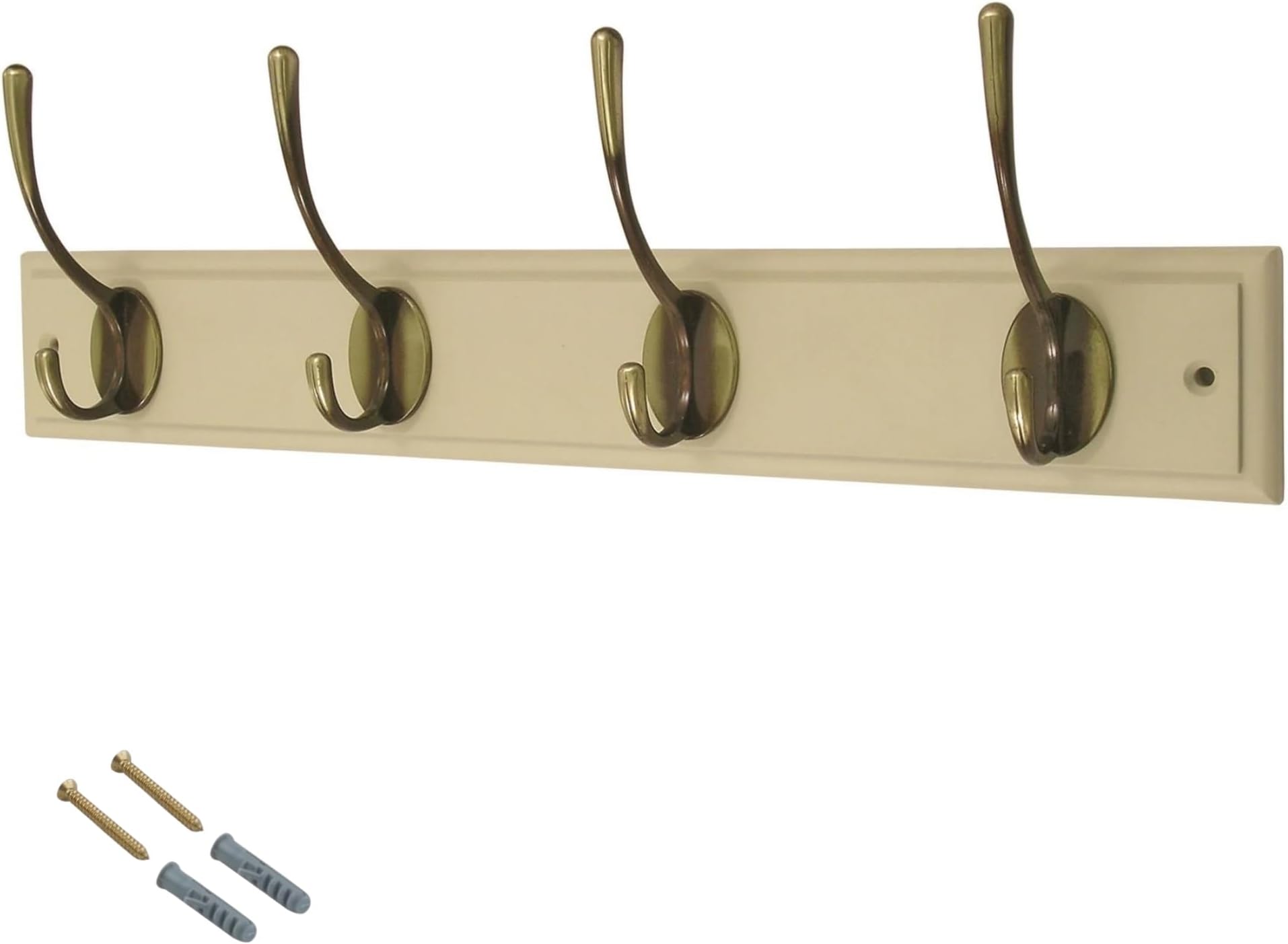 Keypak 4 Hooks Cream Wall Mounted Coat Rack with Victorian Antique Brass Hooks - Heavy Duty Wooden Board for Coats, Hats, Bags, Tools Space Saving Wall Storage Organiser, Fixings Included