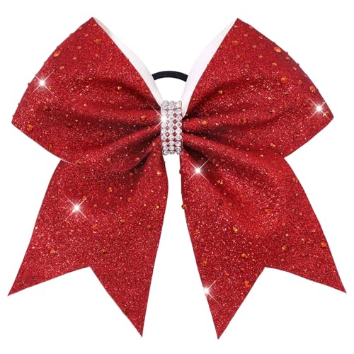 VOBOBE 7 Large Glitter Cheer Hair Bows with Rhinestones Red Ponytail Holder Elastic Band Handmade for Cheerleading Teen Women Girls College Sports 1pcs(Red)