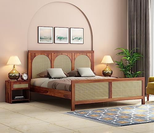Image of Wooden Queen Size Bed Without Storage - Solid Wood Queen Cot - Cot Akka Bed - Stylish Bedroom Furniture (Queen, Osmina,Honey Finish)