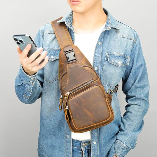 Image of NIUCUNZH Genuine Leather Sling Bag Front Metal-Latch Crossbody Bags Handmade Vintage Chest Shoulder Backpack for Women Men