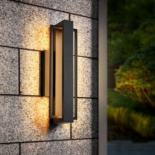 Image of Tarentlight Double Square Frame Outdoor LED Wall Light, 15 Inch Textured Black Wall Sconce, Sleek Modern Light Fixture, Integrated LED 3000K 16W, Outside Lights for Patio, Porch, Front Door or Garage
