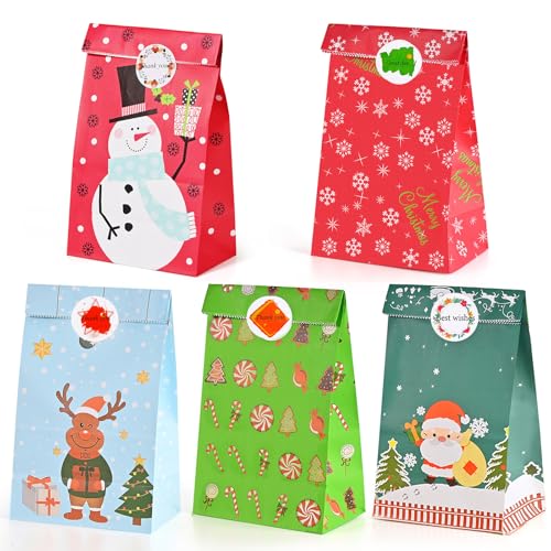 HAMOHTE Papiertüten Weihnachten, 50 Stück Bunt Geschenktüten Weihnachts mit 60 Aufkleber, Kraftpapier Klein Weihnachtstüten, Kinder Weihnachtspapiertüten Geschenk Papier Tüten für Xmas Party