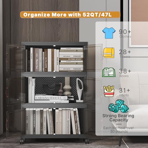 Image of UAMFURI Stackable Storage Bins with Lids, 156QT Closet Organizers and Storage Cabinet with Doors & Wheels, Lockable Plastic Foldable Drawers for Bedroom Dorm Office Garage（52QT*3,Black）