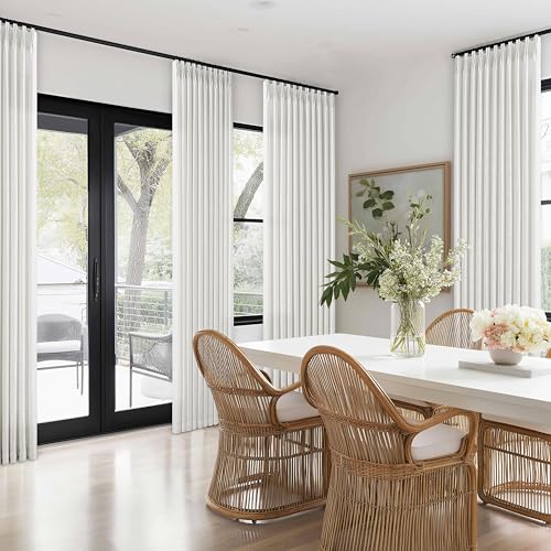 Image of 102 Inch Long Curtains 70 Inch Width Pinch Pleat Linen Curtains Ivory | Extra Wide, Living Room, Light Filtering, Privacy, Pleated, Hooks Rings, Back Tab, Sliding Door, 1 Panel, 70x102, Birch
