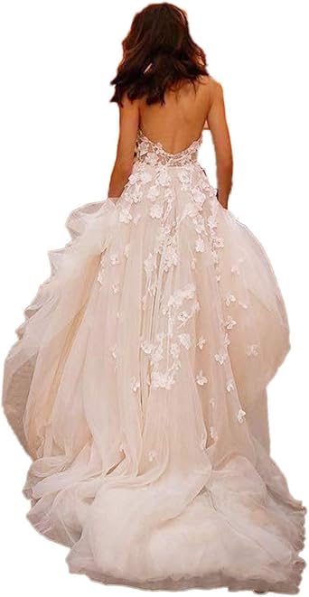 Madedress Vestido de novia para la playa, con flores en 3D, cuello en V,  falda escalonada,