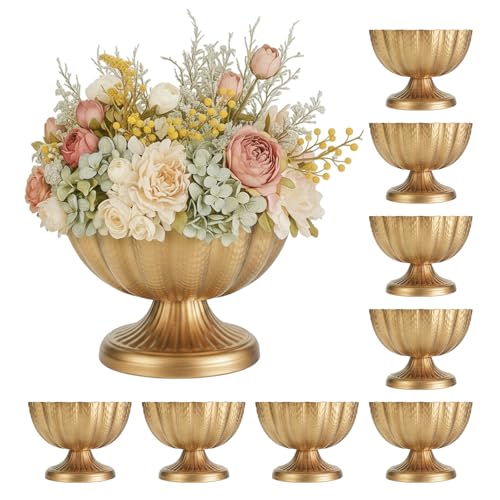 Juego de 8 jarrones de compota dorados desgastados de 9 pulgadas de ancho x 6.5 pulgadas de alto, cuencos grandes de metal para centro de mesa, cuencos de latón para compota floral, decoración de mesa