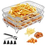 3-Layer Air Fryer Rack with Clipper & Silicone Feet – Stainless Steel Stackable Cooking Rack – Compatible with Ninja Dual Air Fryer, Instant Vortex Plus, Salter 8.2L – Air Fryer Accessories for Bacon