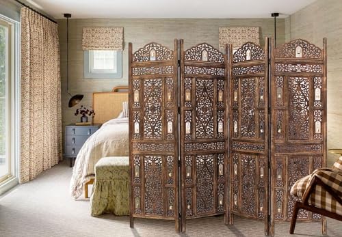 Image of Classic Wood and Craft Wooden Room Divider Partition for Living Room, Privacy Partition, Partition Wall, Divider for Makeup Studio /Office (4 Panels - Bell Hanger)