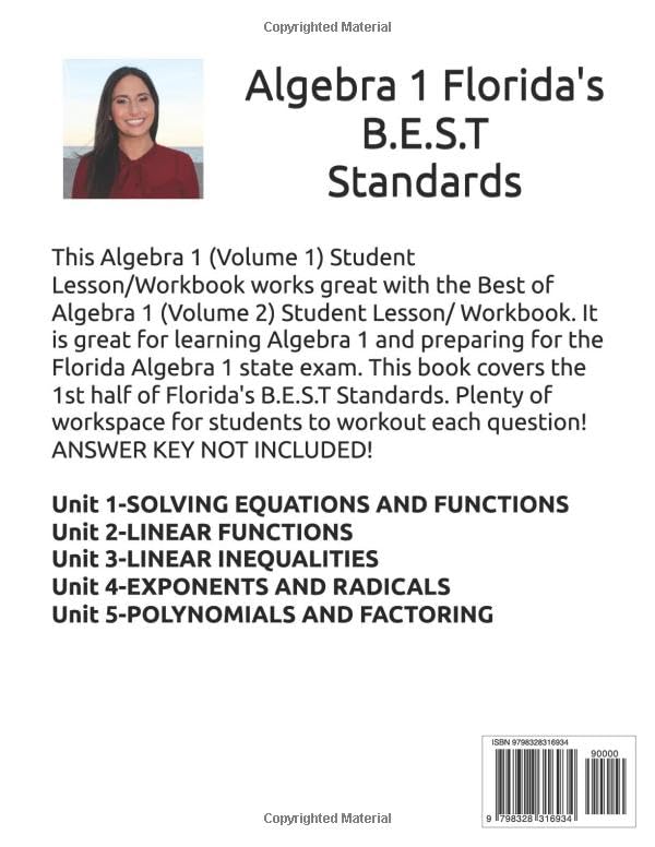 ALGEBRA 1 WORKBOOK/ LESSON BOOK! VOLUME 1: 1ST HALF OF ALGEBRA 1 (INCLUDES FLORIDA'S BEST STANDARDS, TEST PREP, KEY VOCABULARY WORDS FOR ALGEBRA 1) ANSWER KEY NOT INCLUDED! - Image 2