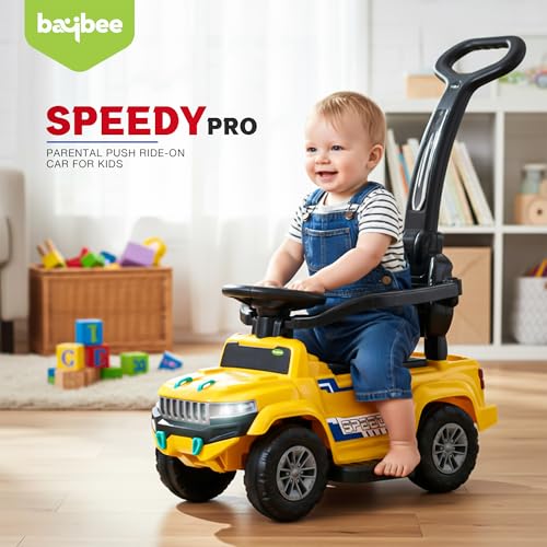 Image of Baybee Speedy Pro Baby Ride on Car for Kids with Parental Handle | Portable Kids Car with LED Lights, Music, Backrest & Basket | Toy Rideons Jeep | Toddler Push Baby Cars for 1 to 3 Years (Yellow)