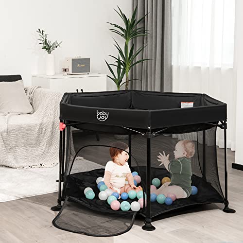 Image of BABY JOY 53'' Outdoor Baby Playpen, Portable Large Play Yard for Babies and Toddlers w/Removable UV Canopy, Bag, Padded Mat, Foldable Travel Baby Beach Tent Play Pens for Both Indoors and Yard