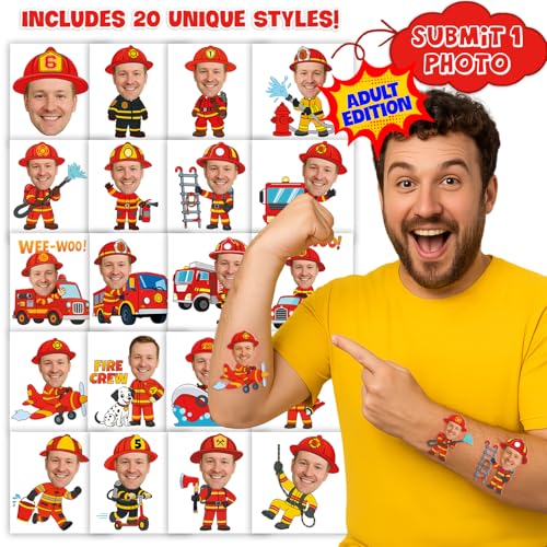 Image of Custom Firefighter Temporary Tattoos for Kids, Set of 20 | Personalized Pre-Cut Face Photo, Birthday Party Favors, For Boys & Firefighter Lovers, Unique Celebration Gifts