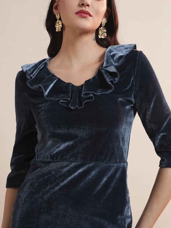 Image of Vaararo V-Neck Party Dress for Women Bodycon | Shiny Velvet Half Sleeves Above Knee Length Outfit