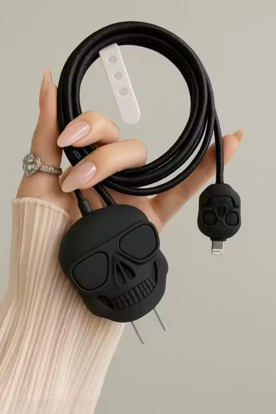 for iPhone Charger Protector Case 18W/20W, 4 in 1 Silicone, 3D Cute Kawaii Aesthetic Charger Protective Design for Apple Chargers Only (Skull)-image-34