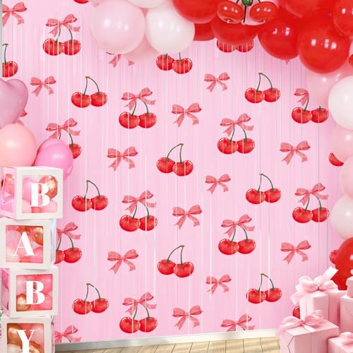 Image of Tiamon 2 Pack Cherry Party Decorations 3.3 x 6.6 Ft Foil Fringe Curtains Red Cherry and Bow Birthday Backdrop Tinsel Streamers Photo Booth for Fruit Baby Shower Birthday Party Supplies