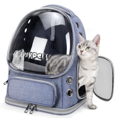 Image of Cat Backpack Carrier, Breathable Cat Carrier Large Space Bubble Pet Backpack for Kitty Small Dog up to 15lbs, Transparent & Foldable Pet Carrier for Travel Hiking (Blue)