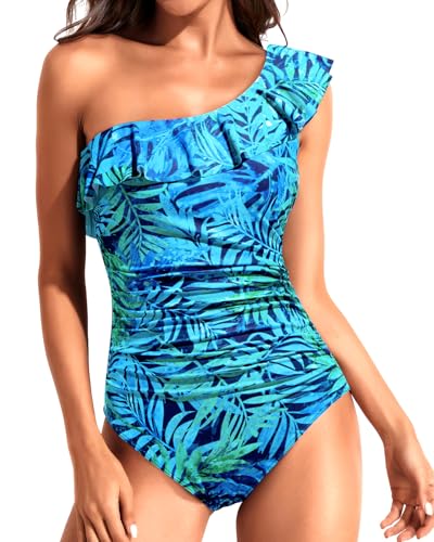 Image of Tempt Me Women One Piece Swimsuits Tummy Control One Shoulder Bathing Suits Ruffle Swimwear