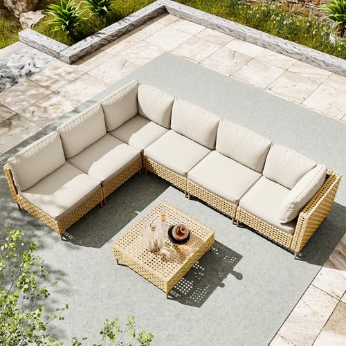 LHBcraft 7 Piece Wicker Patio Sectional Furniture Set, Modular Rattan Outdoor Furniture, Patio Conversation Sets Outdoor Sectionals Sofa, Water Resistant Fluffy Cushions and Coffee Table, Beige