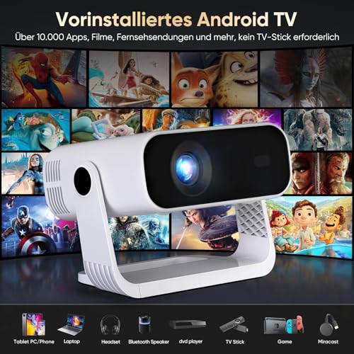 Smart Beamer Full HD 1080P, 25000 Lumens, Android 11，Integrierte Apps, 4D Trapezkorrektur，WiFi 6 & BT 5.2, Heimkino 4K Beamer Trapezkorrektur und elektrischen Fokus