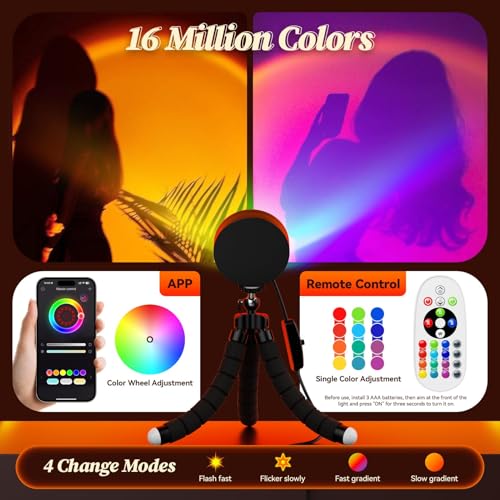 GlasFlength Sunset Lamp, 16 Million Farben Sonnenuntergang Lampe 360° Schwenkbares Sunset Lamp e Fernbedienungen und APP-Steuerung Sonnenlicht Lampe für Fotografie Selfie Schlafzimmer Wohnzimmer Deko