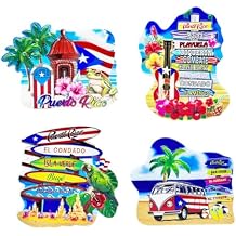 4 Pack Puerto Rico 3D Fridge Magnets, Resin Souvenir Set with Frog, Surfboard, Guitar, Mini Van & Castillo San Felipe del Morro, Puerto Rican Refrigerator Decorations, Travel Collectibles, Gift Set