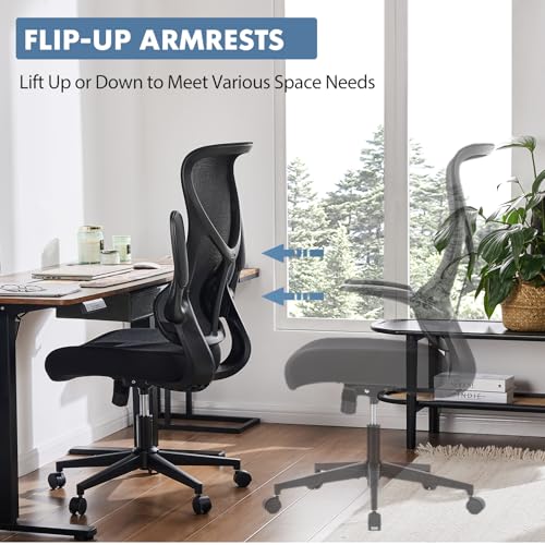 Image of DUMOS Office Managerial Executive Chair with Ergonomic Design, High Back Mesh Computer Desk Chair with Flip-up Armrests, Adjustable Height Swivel Task with Wheels, Comfy Lumbar Support, Black