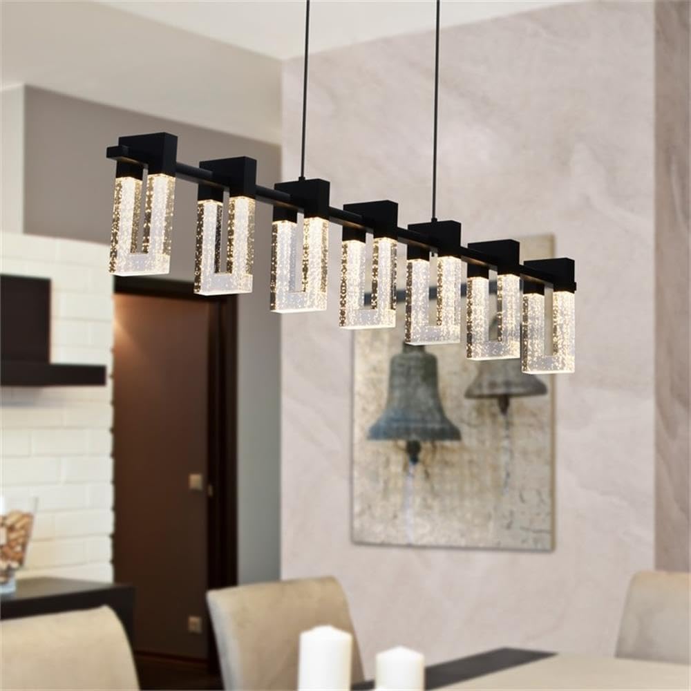 Pemberly Row 40" Black Modern Linear Aluminum Chandelier, Integrated LED with Bubble Acrylic Shades, Adjustable Height, Dimmable Ambient Lighting for Dining Room or Living Area