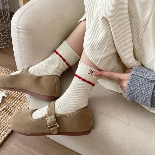 Image of Women's Cute Crew Socks, Casual Athletic Cotton Bowknot Cherry Calf Novelty Socks for Women