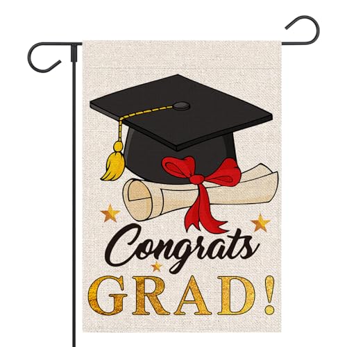 FUYUCHEN Diploma Cap Congrats Grad Garden Flag 12x18 Inch Double Sided Outside Class Of 2026 Graduation Ceremony Sign Yard Outdoor Decoration Burlap Flag