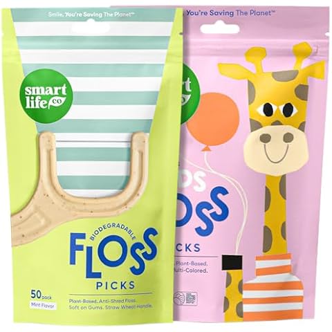 Biodegradable Floss Picks Family Bundle - Plant-Based Dental Flossers | PFA Free & Compostable | for Adults and Kids | 200x Adult Mint Floss Picks & 200x Unflavored Kids Dental Flossers Cover