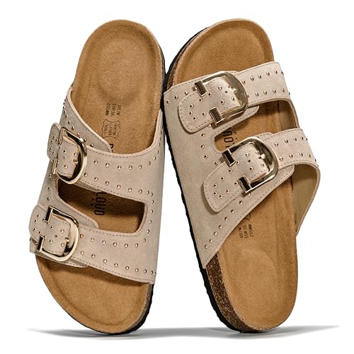 Image of Project Cloud 100% Genuine Leather Flat Sandals For Women 2026 Cork Footbed Womens Sandals with Memory Foam and arch support Vacation Essentials Slides for Women Footwear (Venita)