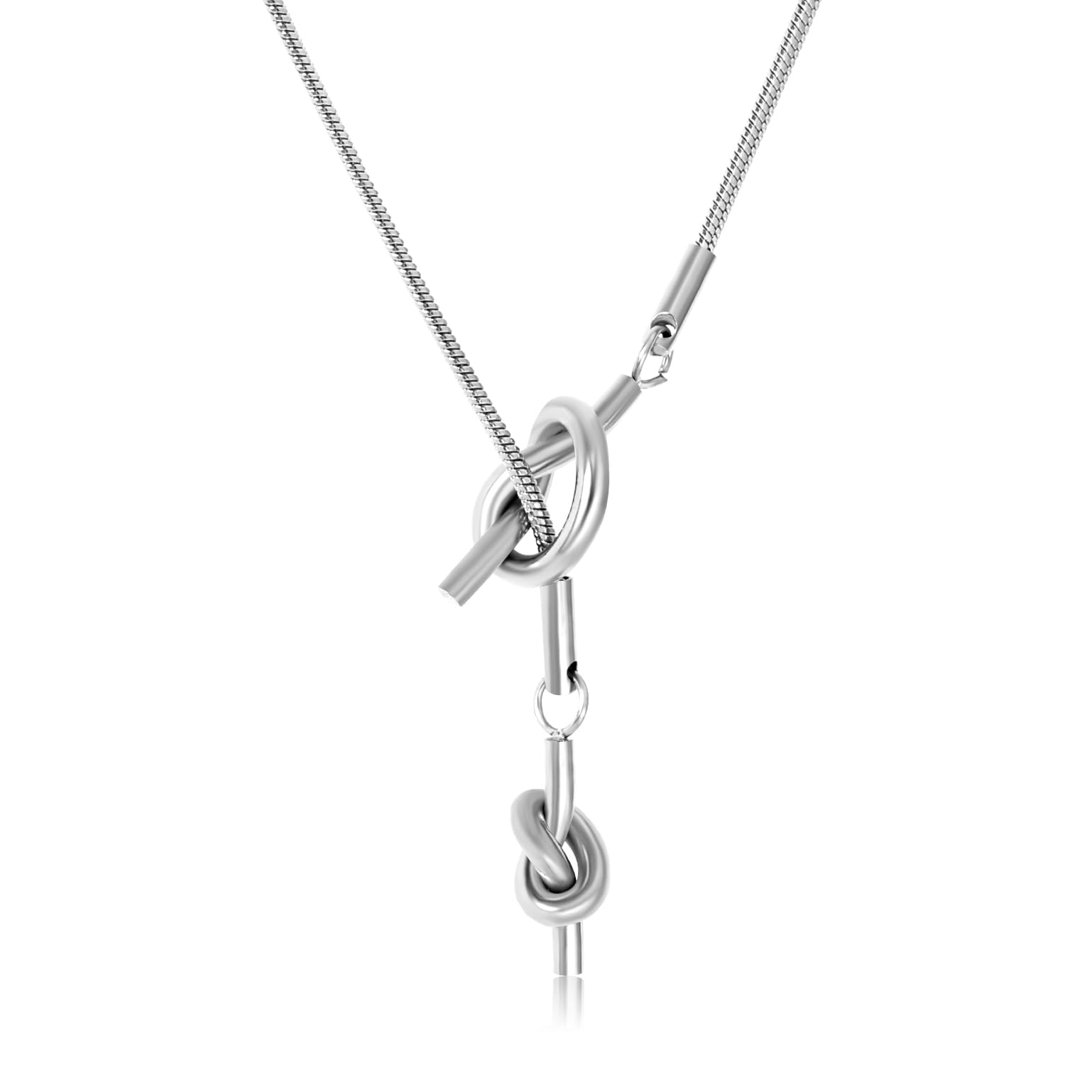 Silver Double Knot Lariat Necklace | Stainless Steel | 9x21mm and 6x18mm Knot Pendants | Snake Chain | 65cm-image-5
