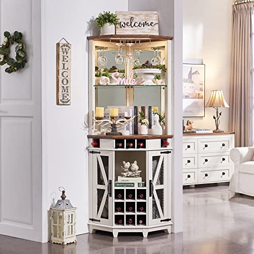 OKD-Corner-Bar-Storage-Cabinet-72-Tall-Farmhouse-Wine-Bar-Cabinet-wBarn-Door-Adjustable-Shelf-Home-Bar-Cabinet-wLED-Light-Glass-Rack-for-Dining-Room-Living-Room-Kitchen-Antique-White OKD Corner Bar Storage Cabinet 72 Tall Farmhouse Wine Bar Cabinet wBarn Door Adjustable Shelf Home Bar Cabinet wLED Light Glass Rack for Dining Room Living Room Kitchen Antique White