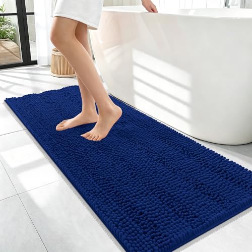 Image of OLANLY Thick Bathroom Runner Rugs 47x17, Extra Absorbent Chenille Striped Bath Rugs, Rubber Backing, Machine Wash Dry, Long Bath Mats for Bathroom Floor, Tub and Shower, Home Decor Accessories, Navy