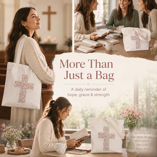 Image of Christian Tote Bag Gift for Women, Canvas Bible Bag Handmade Floral Cross | Christian faith-inspired gift, handcrafted cross with lace, inner pocket, snap closure, bottom gusset, church Bible study use