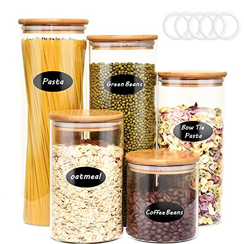 Pomeat Glass Food Storage Jar Set, 5 Pieces Airtight Kitchen Canister with Bamboo Lids, Labels and Sealing Ring, Food Cereal Storage Containers for Candy, Cookie, Flour, Pasta, Coffee Beans, Spice
