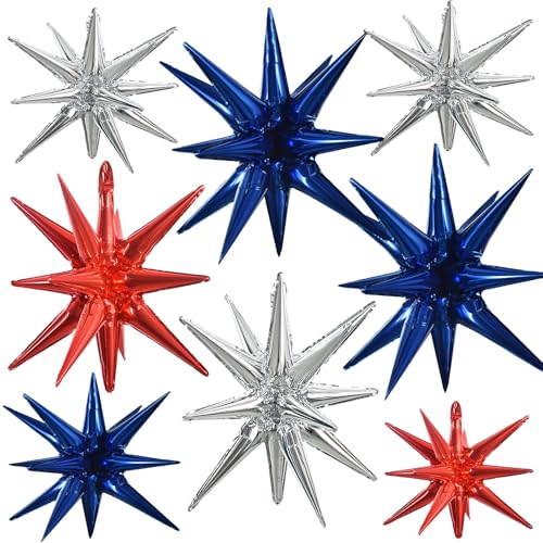 Image of TONIFUL 8 Pcs Navy Blue Silver Red Explosion Star Foil Balloon Party Decor | 22 Inch Large Mylar Star Balloon for Men's Birthday Nautical Sailor Theme Birthday Patriotic National Holiday Party Decor