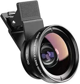 Kit de lentes Pro para telefone, lente macro e grande angular com luz LED e estojo de viagem preto