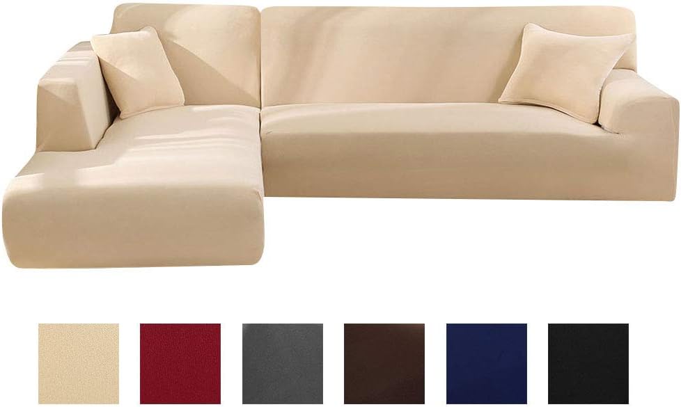 Corner Sofa Cover L Shape Stretch Sofa Slipcover Non-slip Soft Elastic Polyester Sectional Couch Covers Furniture Protector Beige for Pets Dogs ( main sofa seat-2 seater+ L shape seat 2 seater)