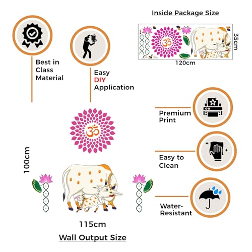 Image of Rawpockets Kamadhenu Cow and Calf with Om and Lotus Flower for Home, Pooja Room & Temple Self Adhesive Wall Sticker