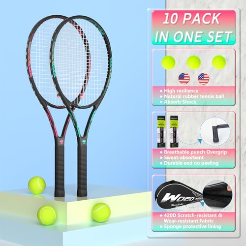 Image of Pro Tennis Racket for Adults, 2 Player 27 inch Speed Tennis Racquet Acceptable for Beginner and Professional with 3 Tennis Balls, 2 Vibration Dampes, 2 Overgrips, Tennis Bag
