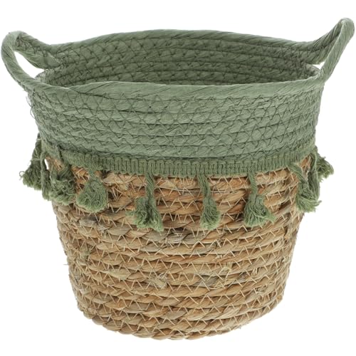 PRETYZOOM Cesto Vimini Con Nappe Verdi - Cestino Portaoggetti Intrecciato in Fibra Vegetale E Cotone, Ideale Per Organizzazione Di Ufficio, Bagno, Piante Da Regali, 20x20x18 Cm