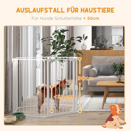 PawHut Welpenauslauf faltbar 90cm Hoch Freilaufgehege mit 6 Paneelen, Welpenlaufstall mit abschließbarer Tür, Hundelaufstall für drinnen und draußen, für mittelgroße Hunde, 123 x 102 x 90 cm, Weiß