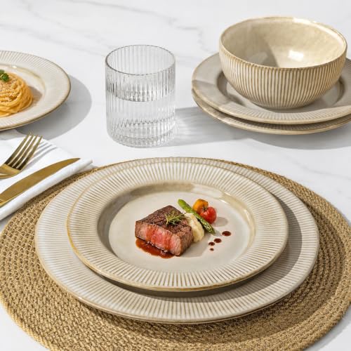 Image of GBHOME Ceramic Dinnerware Sets,12 pcs Embossed Elegant Stoneware Plates and Bowls Sets, Housewarming Wedding Gift | Dishwasher & Microwave Safe | Dishes Set Service for 4